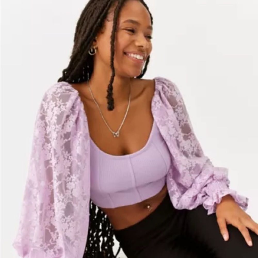 urban outfitters lilac lace puff balloon sleeve ribbed crop top blouse